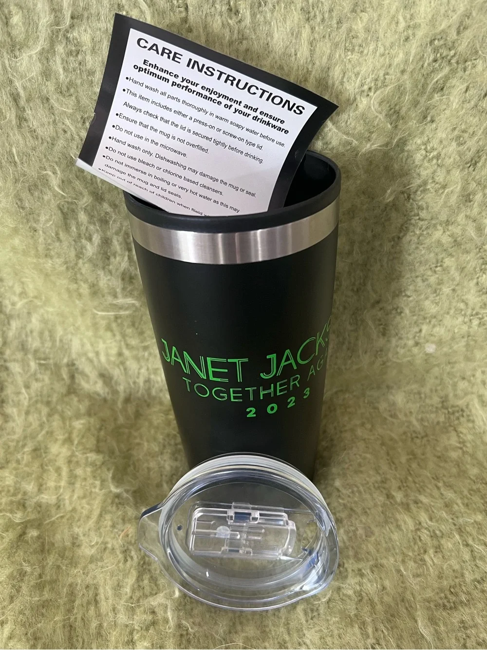 Brand New 2023 JANET JACKSON VIP Merch Black Travel Tumbler with Neon Green Logo